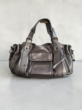 GERARD DAREL Pewter Silver Pebble Leather Satchel Handbag
